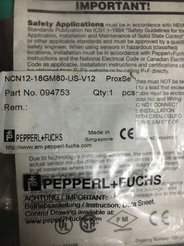 PEPPERL + FUCHS PROXIMITY SWITCH NCN12-18GM80-US-V12 *NEW IN FACTORY BAG*