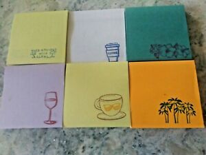Lot of 6 STAMPED STICKY NOTES  Themed Pads  Each PAGE Is STAMPED 3x3 FREE SHIP