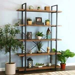 Sunnydaze Industrial Style 5-Tier Bookshelf with Wood Veneer Shelves - Teak