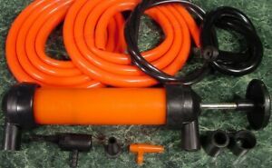 GAS SIPHON PUMP and INFLATOR Transfer fuel oil water Includes ADAPTERS &amp; HOSES n