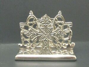 Vintage Silver Tone Desktop Business Card Holder w/ Cross Design