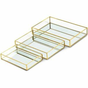 3pcs Gold Mirror Jewelry Tray Storage Organizer Glass Decorative Serving Tray