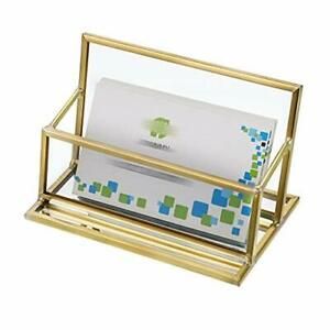 Hipiwe Glass Business Card Holder Stand - Vintage Gold Metal Name Card Display S