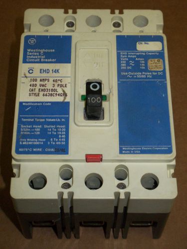 Westinghouse ehd 14k 3 pole 100 amp 480v ehd3100l circuit breaker for sale