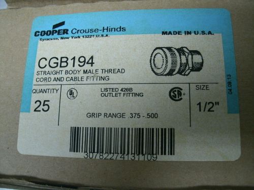 25pc crouse-hinds cgb194 1/2&#034;straight body male thread cord grip  .375-.500&#034; for sale