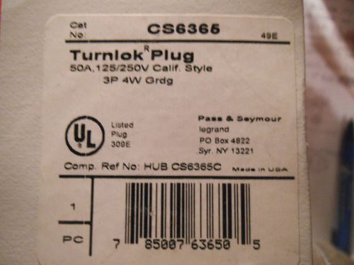 Pass &amp; seymour cs6365 turnlok plug 50a 125/250v calif. style -  new for sale