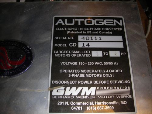 Autogen 3 - 7 Hp Static Phase Converter Mill Drill Lathe USA MADE one-three CD14