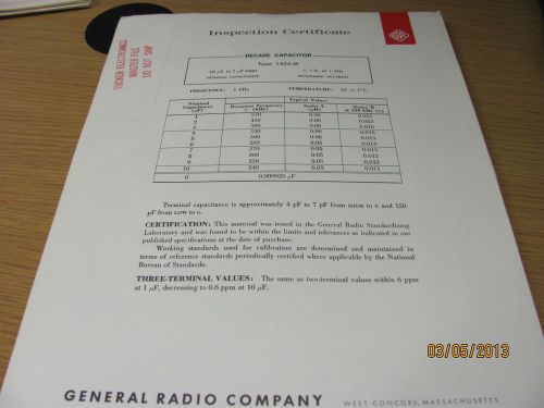 GENERAL RADIO MODEL 1424-M: Inspection Certificate of a Decade Capacitor