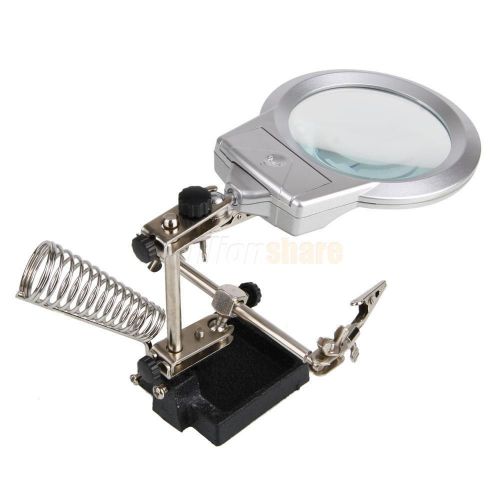 Hot led light soldering iron stand alligator clip tool 2-1/2&#034; magnifier black for sale
