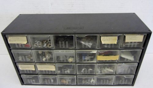 PARTS CABINET, APPROX 18 X 10 X 6 DIMENSIONS, 24 BINS / DRAWERS, WITH MISC. ELE