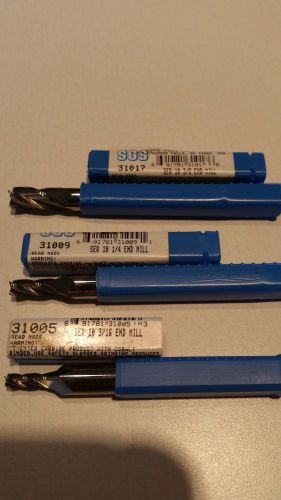 (3) SGS solid carbide end mills. 3/16, 3/8&#034; &amp; 1/4&#034; double ended. Brand New