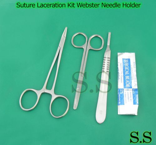 3 PCS Suture Laceration Kit Webster Needle Holder+Scalpel Handle+Blade #22