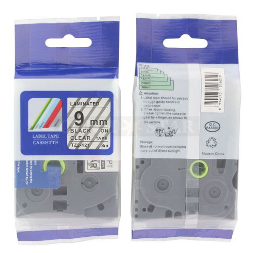 1pk Transparent on Black Tape Label for Brother P-Touch TZ TZe 121 9mm 3/8&#034;