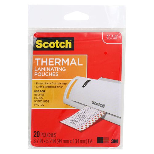 Scotch thermal laminating pouches index card size 3.7&#034; x 5.2&#034;, 5 mil, pack of 20 for sale
