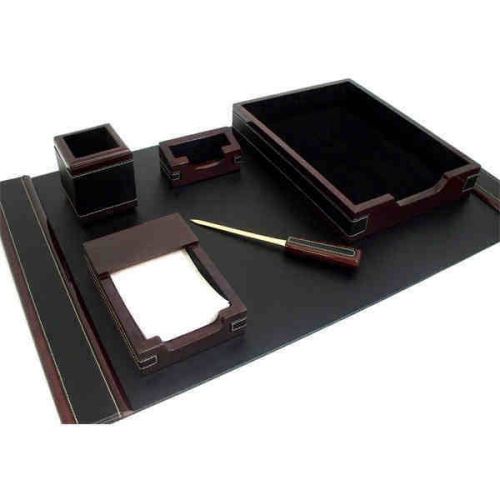 Bey-Berk Wood &amp; Black Leather 6Pc Desk Set (New)