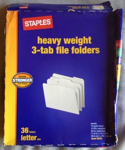 Staples Heavy Weight  3-tab File Folders Letter Size 36 Per Box Manilla New