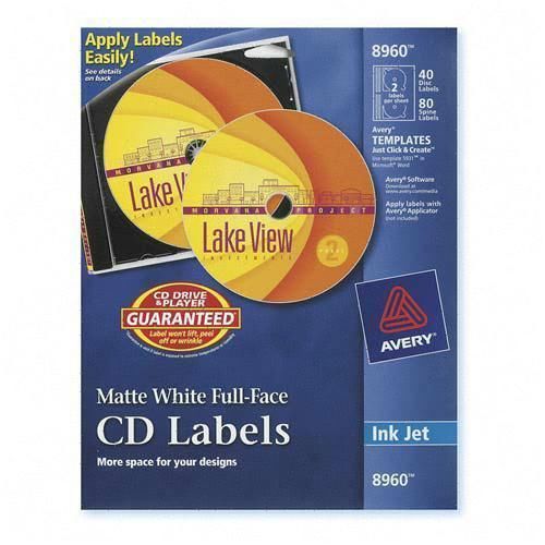 AVERY INK JET 8960 MATTE WHITE FULL-FACE CD LABELS 40 DISC 80 SPINE LABELS