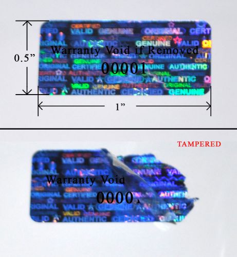 500 security labels blue hologram tamper evident 1&#034; x 0.5&#034; warranty printed for sale