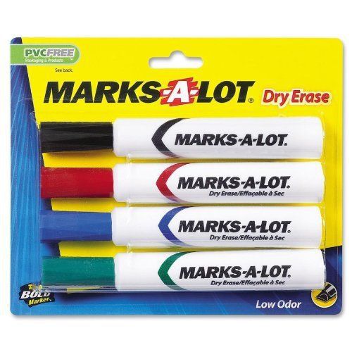 Marks-A-Lot Dry Erase Markers, Black, Blue, Green and Red, Pack of 4