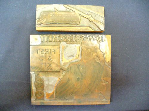 2x Vintage 1930&#039;s DAVY CROCKETT first aid kit copper print block advertising