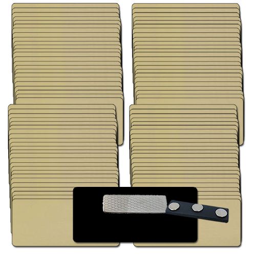 100 BLANK 1 1/2 X 3 GOLD NAME BADGES TAGS 1/8&#034; CORNERS &amp; MAGNETIC FASTENERS