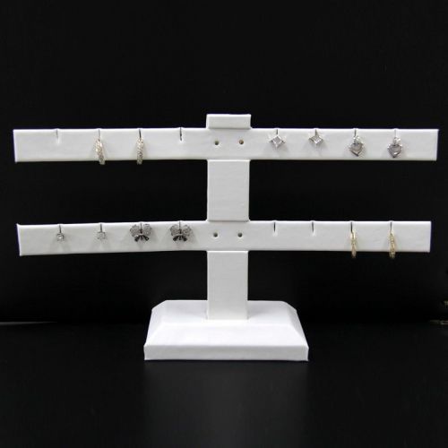 Earring or Pendant Display Stand With 2 Tiers Fits 8 Pairs White Faux Leather