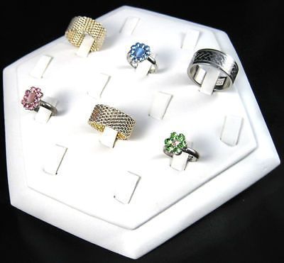 7&#034;Lx6&#034;W 14CLIP WHITE LEATHER HEXAGON SHAPE RING JEWELRY DISPLAY STAND CASE RD47W