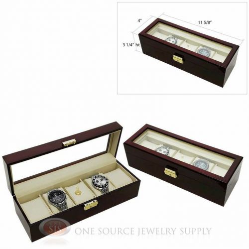 (2) 5 Watch Glass Top Rosewood Watch Cases with Beige Faux Leather Displays