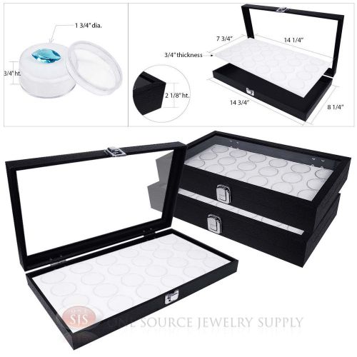 (3) black wooden glass top display cases w/ 3 white 24 gem jar gemstone inserts for sale