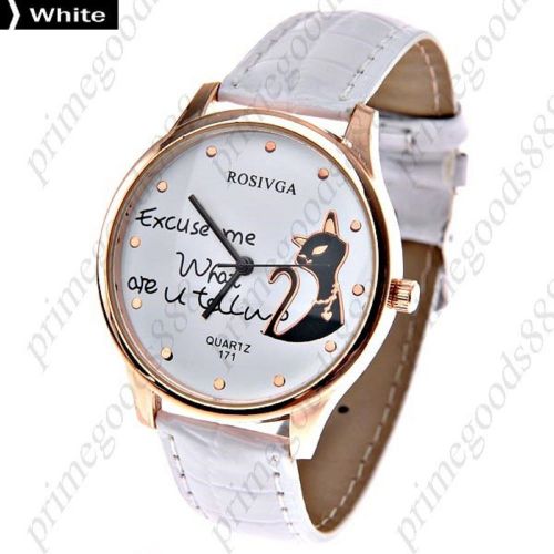 Cat Round Case PU Leather Quartz Wrist Wristwatch Free Shipping Women&#039;s White