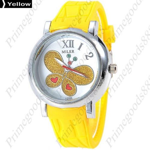 Butterfly Hearts Quartz Analog Rubber Unisex Free Shipping Wristwatch Yellow