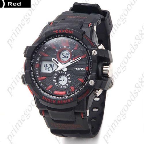 Rubber Band 3ATM 2 Time Zone Date Wrist Men&#039;s Free Shipping Wristwatch Red