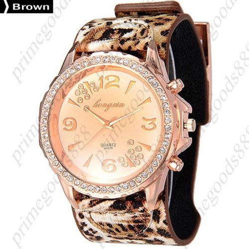 Leopard Rhinestones PU Leather Analog Quartz Wrist Wristwatch Women&#039;s Brown