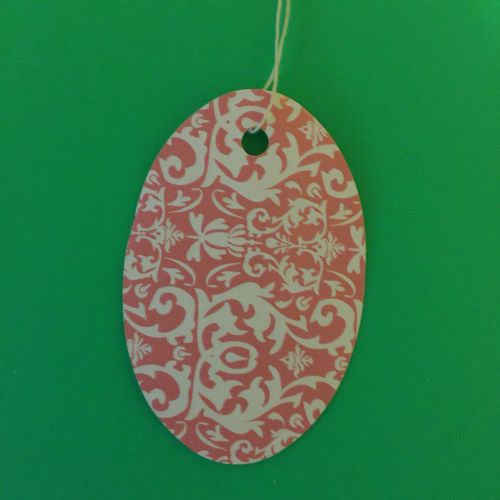 100 1 1/2 x 1 &#034; Pink And White damask small oval print price tags with string