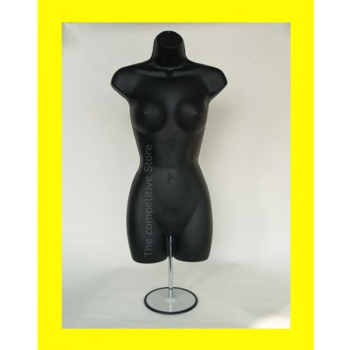 Black Female Dress Mannequin Countertop Form (Hips Long) W/ Base For S-M Sizes