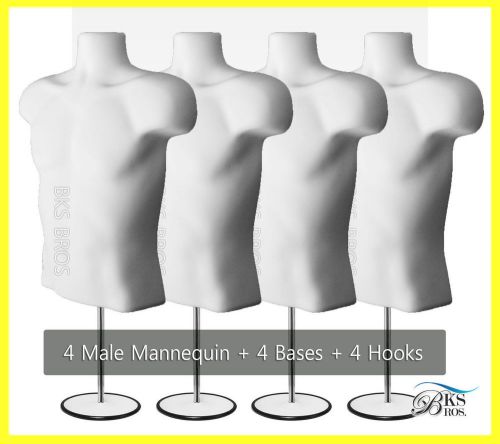 4 Male Mannenquin Mannkin Torso WHITE with Metal Stand &amp; Hook for Hanging Man