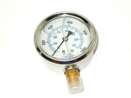 Gauge 2-1/2&#034; face s/s case 0-1000 psi/kpa/bar 1/4&#034; npt brz lower nib &lt;675er20 for sale