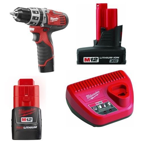 2411-22x milwaukee m12 3/8-in hammer drill with 1 xc battery &amp; 1 compact battery for sale