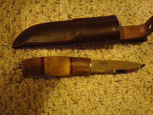 Helle Harding Hunting Knife 4&#034; Blade Walnut Curly Birch Handle Leather Sheath