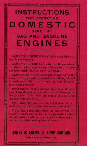 Domestic Type F Gas Motor Engine Instruction &amp; Pump Co Manual Book Pump Hit Miss