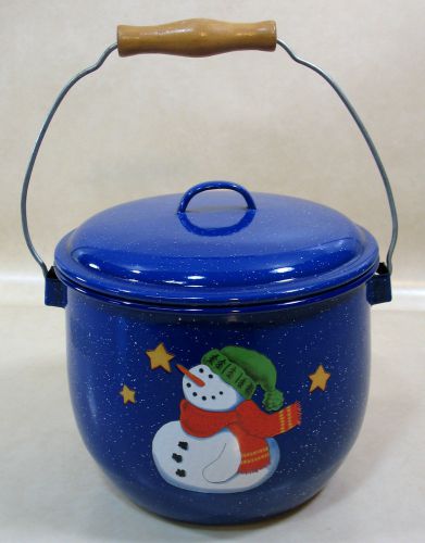Blue Enamel Snowman Pot Cover Handle White Snowman Green Hat Red Scarf Very GOOD