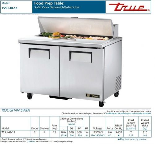 NEW TRUE COMMERCIAL Food Prep Table Solid Door Sandwich/Salad Unit TSSU-48-12