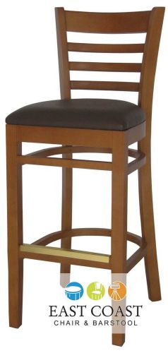 New wooden cherry ladder back restaurant bar stool with brown vinyl seat for sale