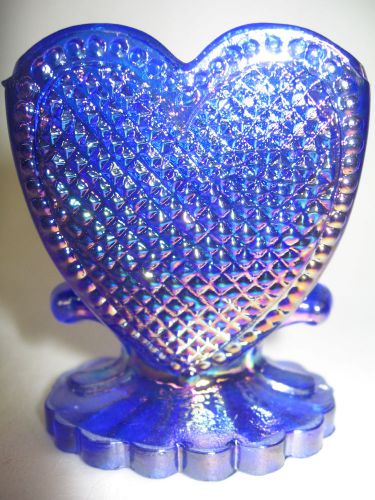 Cobalt Blue iridescent carnival glass tabletop toothpick holder / Heart pattern