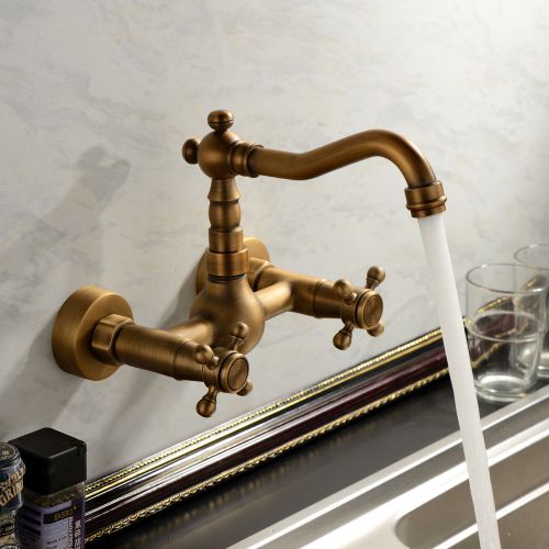 Swivel spout wall mount kitchen sink faucet antique brass mixer tap 2 handle new for sale