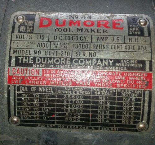 Complete dumore 8071 210 model44 1/4hp tool post grinder 16000 rpm no load 115v for sale