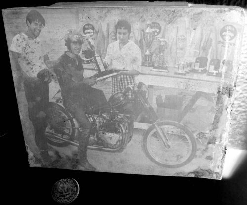 Vintage &#039;50s motorcycle race printing mhra dragstrip photo block cut letterpress for sale