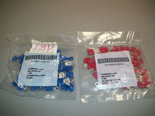 Mixed lot of 200 terminal lug mil-spec ms25036-107 blue, ms25036-102 red for sale