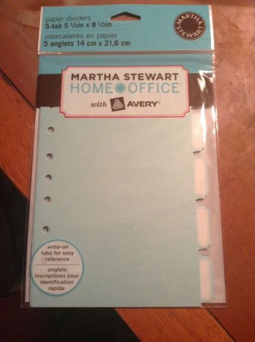 New Martha Stewart Home Office 5 Tab Blue Paper Binder dividers (5.5&#034;x8.5&#034;)