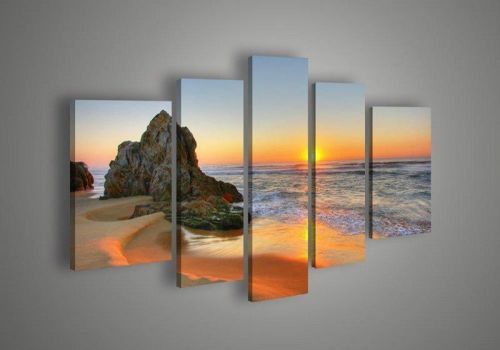 5 Piece Wall Art Seascape Blue Ocean Sunset Sea Oil Painting On Canvas+ framed